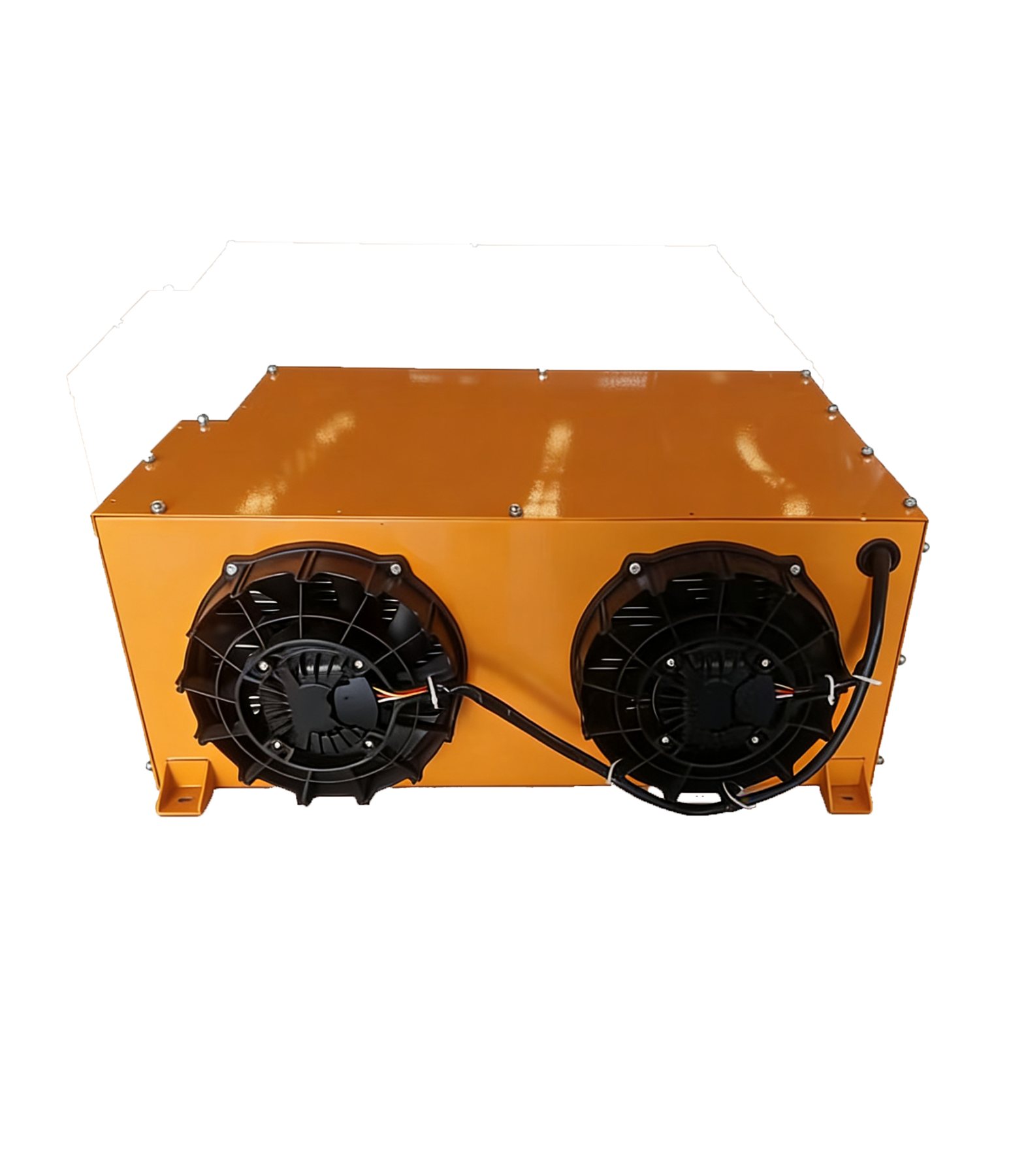 Battery liquid cooling unit for commercial vehicles, orange housing with twin fans